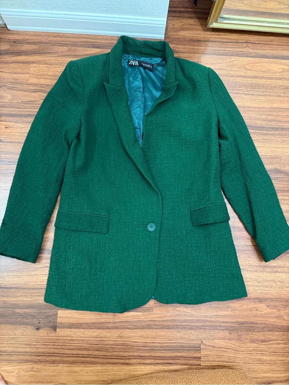 ZARA Emerald Green Textured Single-Button Blazer